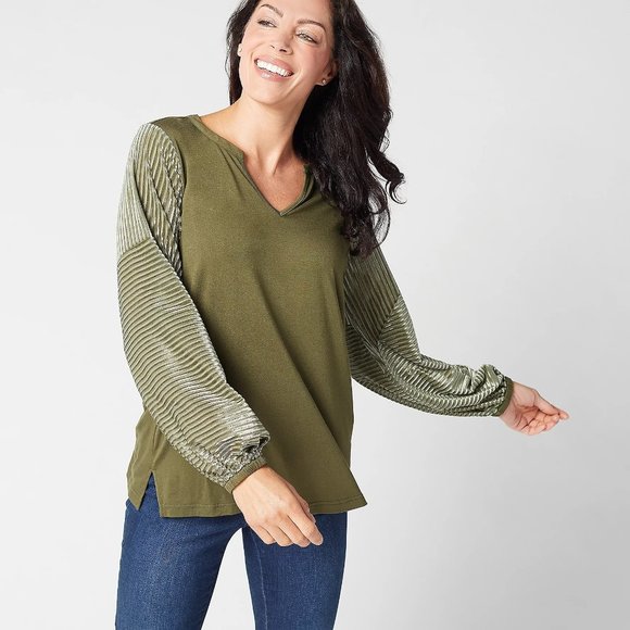 Belle by Kim Gravel Tops - Belle by Kim Gravel Knit Top with Velvet Shadow Stripe Sleeves